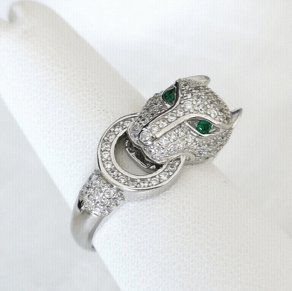 Panther Ring sterling silver cz and emerald eye cat size 7 - Picture 3 of 12